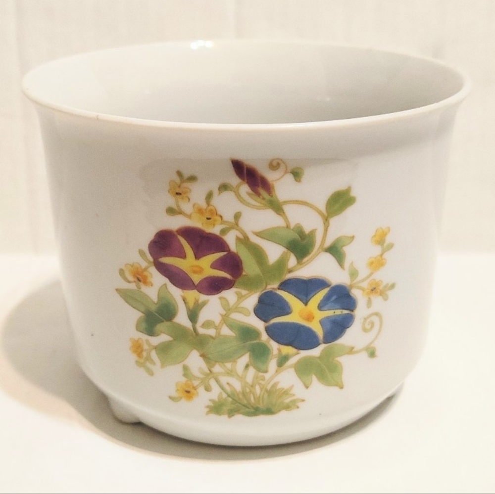 Vtg 1980 Ceramic Cachepot 3 Footed Planter Vase Bowl Floral Design San Francisco
